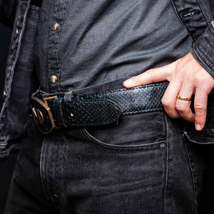 Arkansas Genuine Python Skin Western Belt in Black/Blue with Antique Western Buckle | Marco Di Milano Exotic Belt