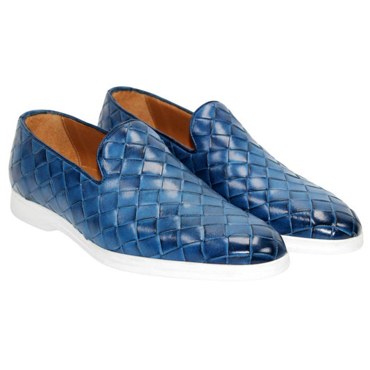 Duca Men's Rivoli Ocean Blue Round Toe Calf Weave Leather Loafers