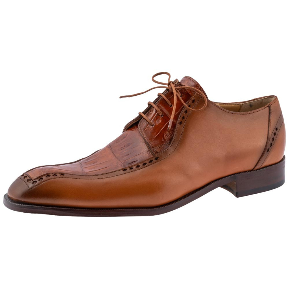 MAURI Shoes Men’s Derby Lace-Up Cognac Calfskin & Baby Crocodile Leather Luxury Dress Shoes