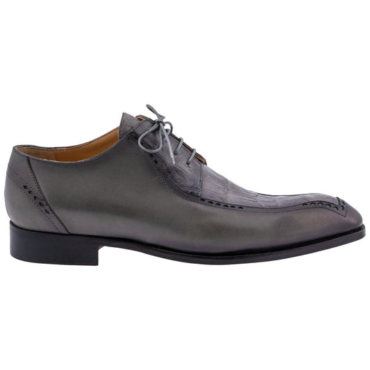 MAURI Shoes Men’s Derby Lace-Up Medium Grey Calfskin & Baby Crocodile Leather Luxury Dress Shoes