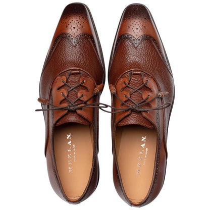 Mezlan Nord Cognac Burnished Calfskin Wing Tip Oxford Brogue Dress Shoe