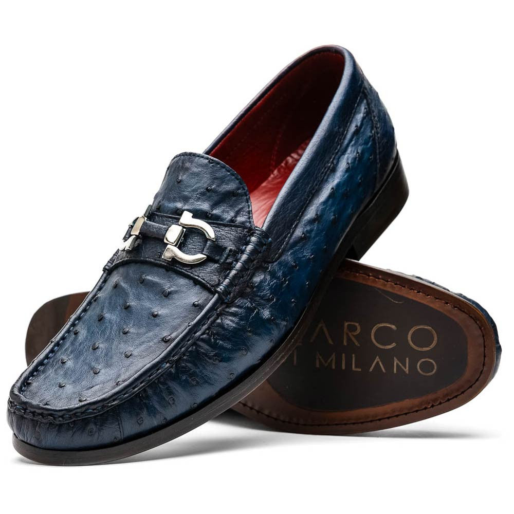 Ferrioni Men’s Genuine Ostrich Moc Toe Bit Loafers | Marco Di Milano in Navy