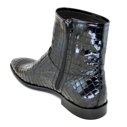 Corrente Black Leather Crocodile Print Men's Double Buckle Zipper Boot