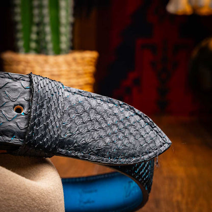 Arkansas Genuine Python Skin Western Belt in Black/Blue with Antique Western Buckle | Marco Di Milano Exotic Belt