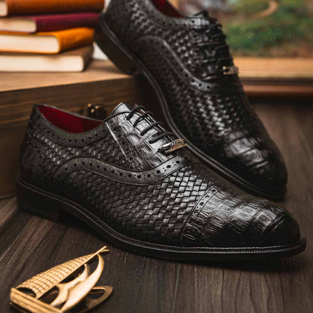 John Black Men’s Woven calfskin Genuine Caiman Crocodile Cap Toe Oxford | Marco DI Milano