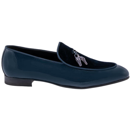 MAURI Shoes Men’s Bliss Wonder Blue Patent Leather & Velvet Tassel Moc Toe Luxury Dress Loafers