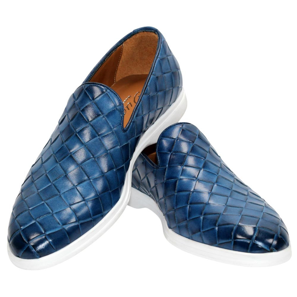 Duca Men's Rivoli Ocean Blue Round Toe Calf Weave Leather Loafers