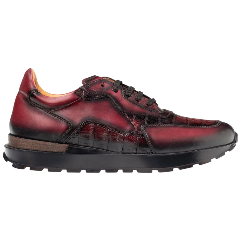 Mezlan Beckton Men's Burgundy Patina Calfskin & Crocodile Dress Sneaker - Handmade in Spain