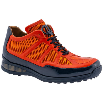 MAURI Shoes Men’s Grid Sneaker Orange White Patent, Calfskin, Baby Crocodile & Mesh Luxury Sneakers with Matching Belt