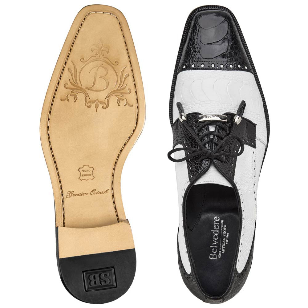 Belvedere Men’s Batta Genuine Ostrich Leg Black & White Cap Toe Lace-Up Derby Dress Shoes