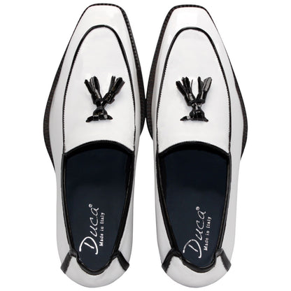 Fano Black & White Patent Leather Slip On | Duca Dress Loafers for Men