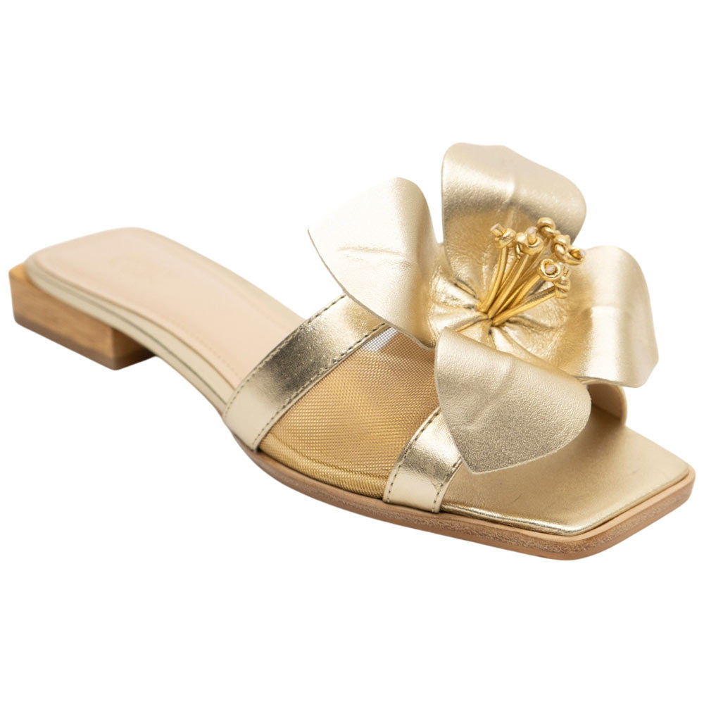 Lady Couture Women's Blossom Gold Leather Slide Sandals