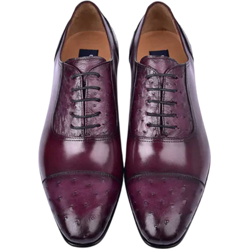 Corrente Men’s Genuine Ostrich Leather Burgundy Cap Toe Dress Shoe