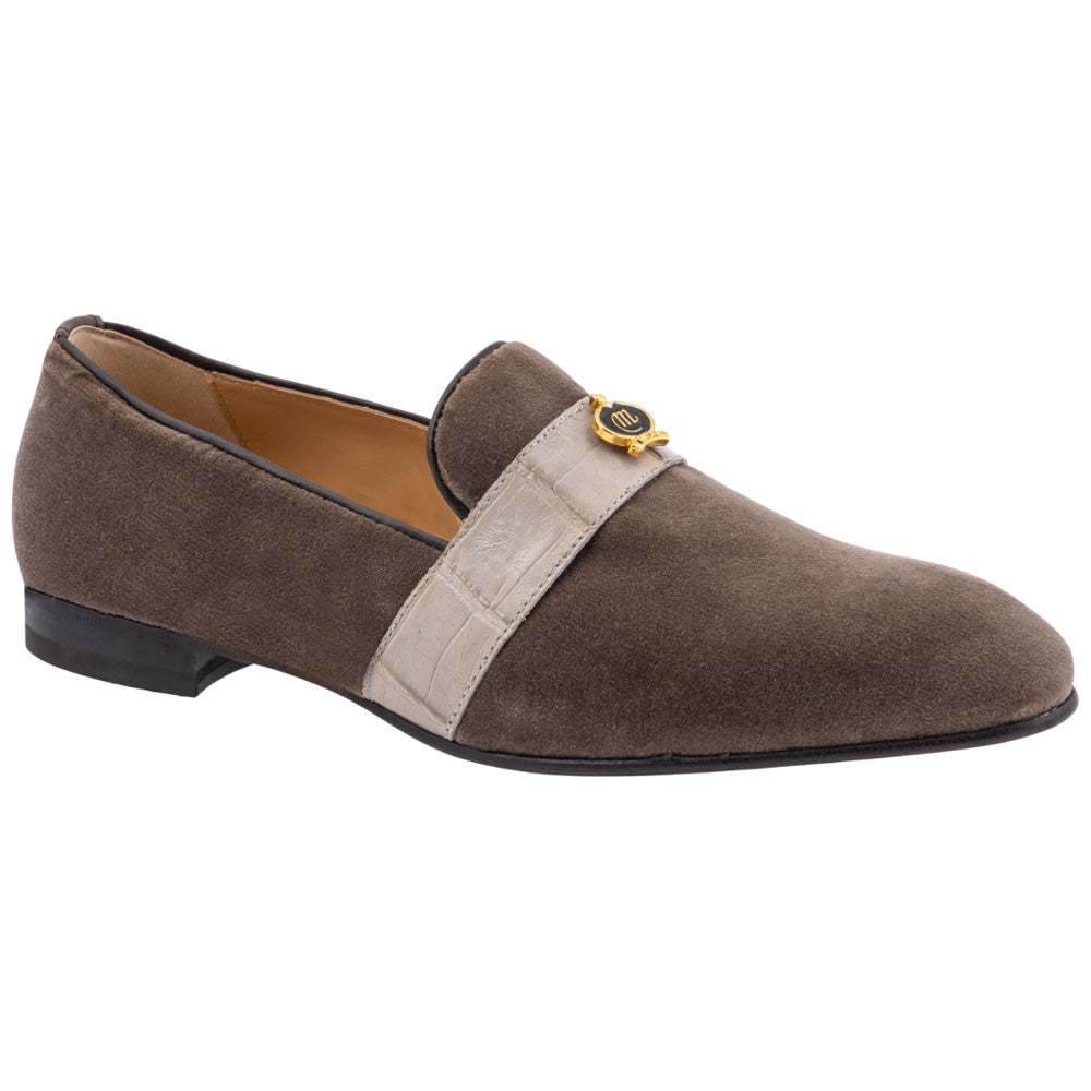 MAURI Men’s Elegante Velvet Slip-On Grey Baby Crocodile Leather Strip Moc Toe Luxury Dress Loafers