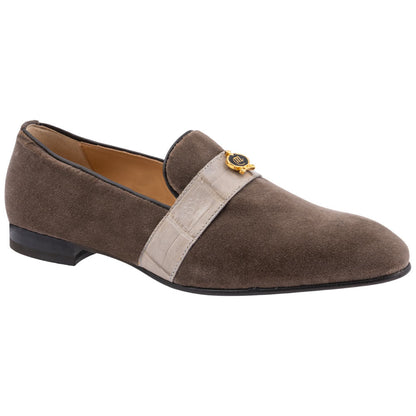 MAURI Men’s Elegante Velvet Slip-On Grey Baby Crocodile Leather Strip Moc Toe Luxury Dress Loafers