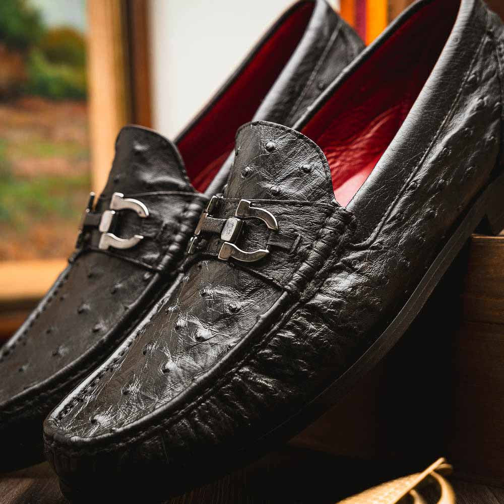 Ferrioni Black Men’s Genuine Ostrich Moc Toe Bit Loafers | Marco Di Milano