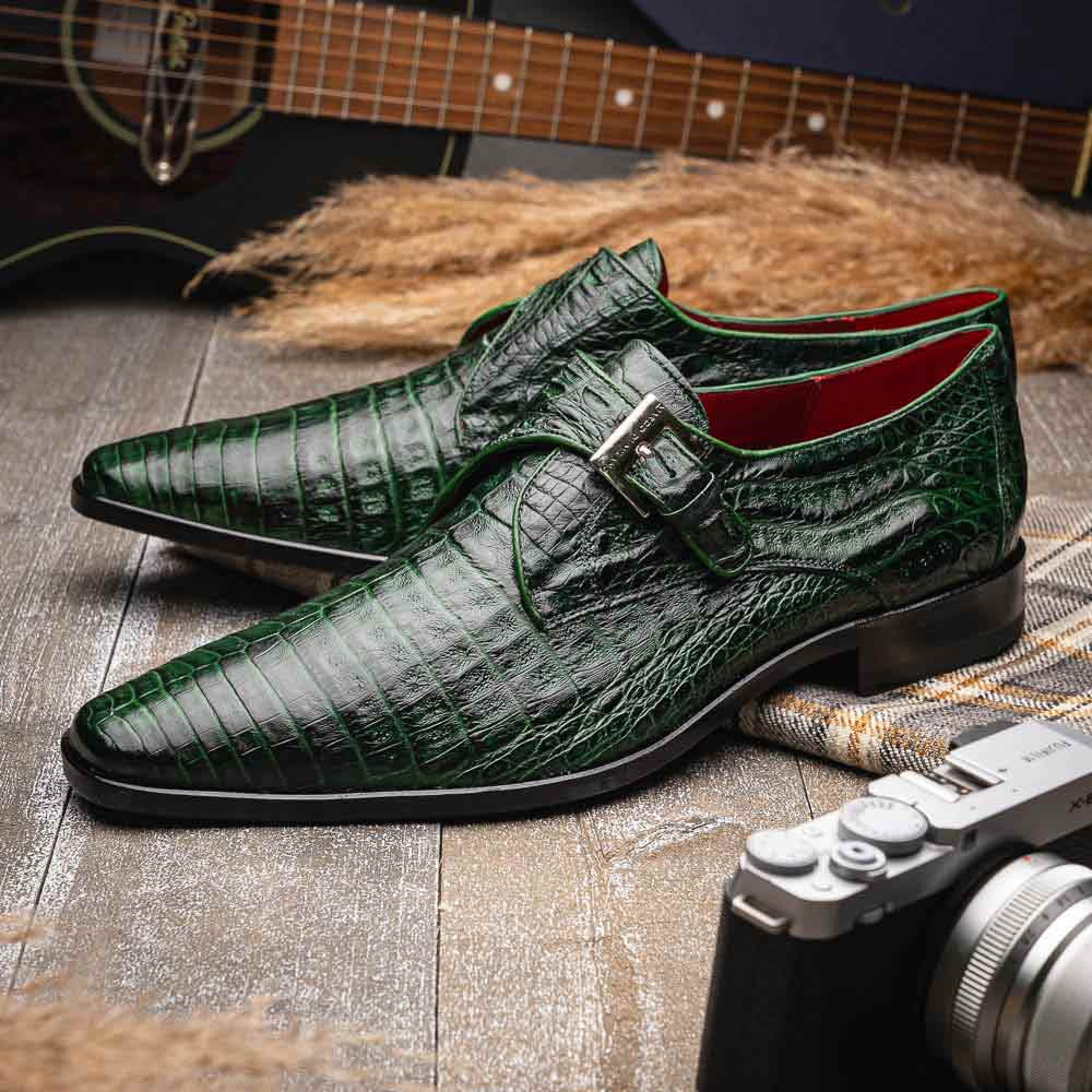 Rovigo Green Men’s Genuine Caiman Crocodile Skin Monk Strap | Marco Di Milano