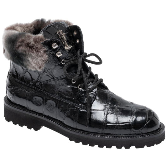 Mauri Men's Alligator Skin & Lapin Trimming SMOKE Black Combat Boot(US Men Size)