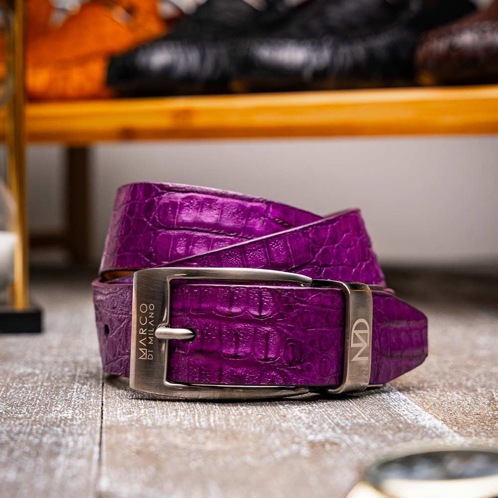Silvio Genuine Caiman Fuscus-Back Purple Belt with a Silver Buckle | Marco Di Milano Exotic Belt