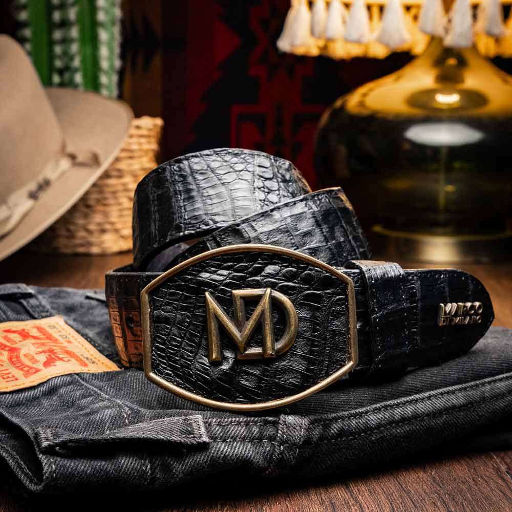 Iowa Genuine Caiman Crocodile Skin Belt in Black with Antique Western Buckle | Marco Di Milano Exotic Belt