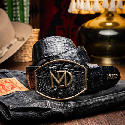 Iowa Genuine Caiman Crocodile Skin Belt in Black with Antique Western Buckle | Marco Di Milano Exotic Belt