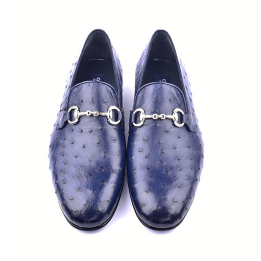 Corrente Genuine Ostrich Skin Silver Wow Bit Buckle Blue Loafers