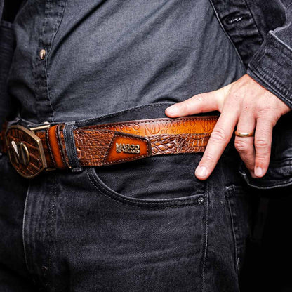 Texas Genuine Caiman Crocodile Skin Belt in Aged Maple with Antique Western Buckle | Marco Di Milano Exotic Belt