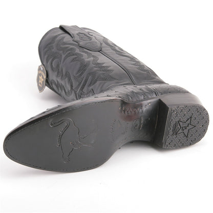 Los Altos Black Round Toe Genuine Ostrich Skin Boots