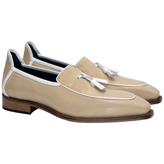 Fano Beige & White Patent Leather Slip On | Duca Dress Loafers for Men