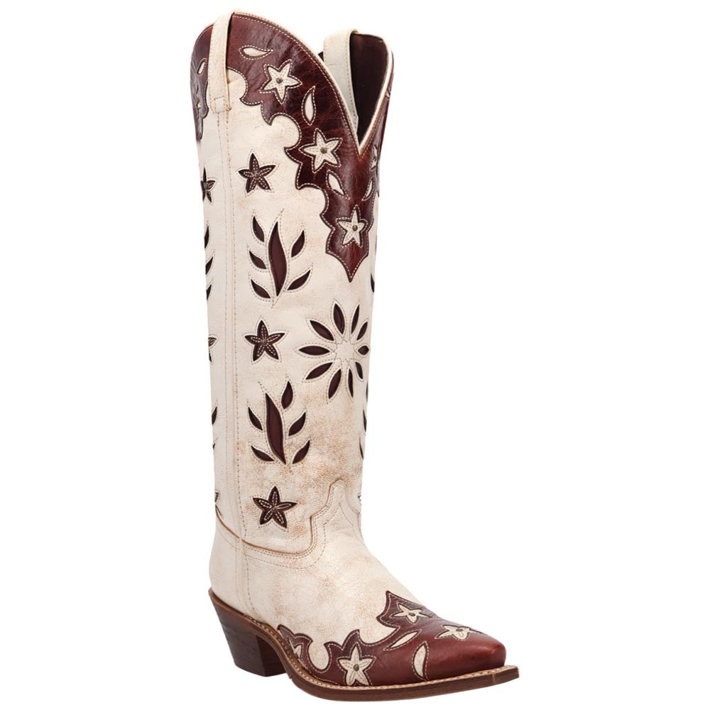 Laredo Flourish Women's White Leather Western Boot - 17" Tall Snip Toe with Floral Overlay