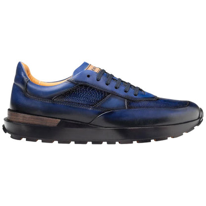 Mezlan Arkley Men's Blue Calfskin & Ostrich Dress Sneaker - Handmade in Spain