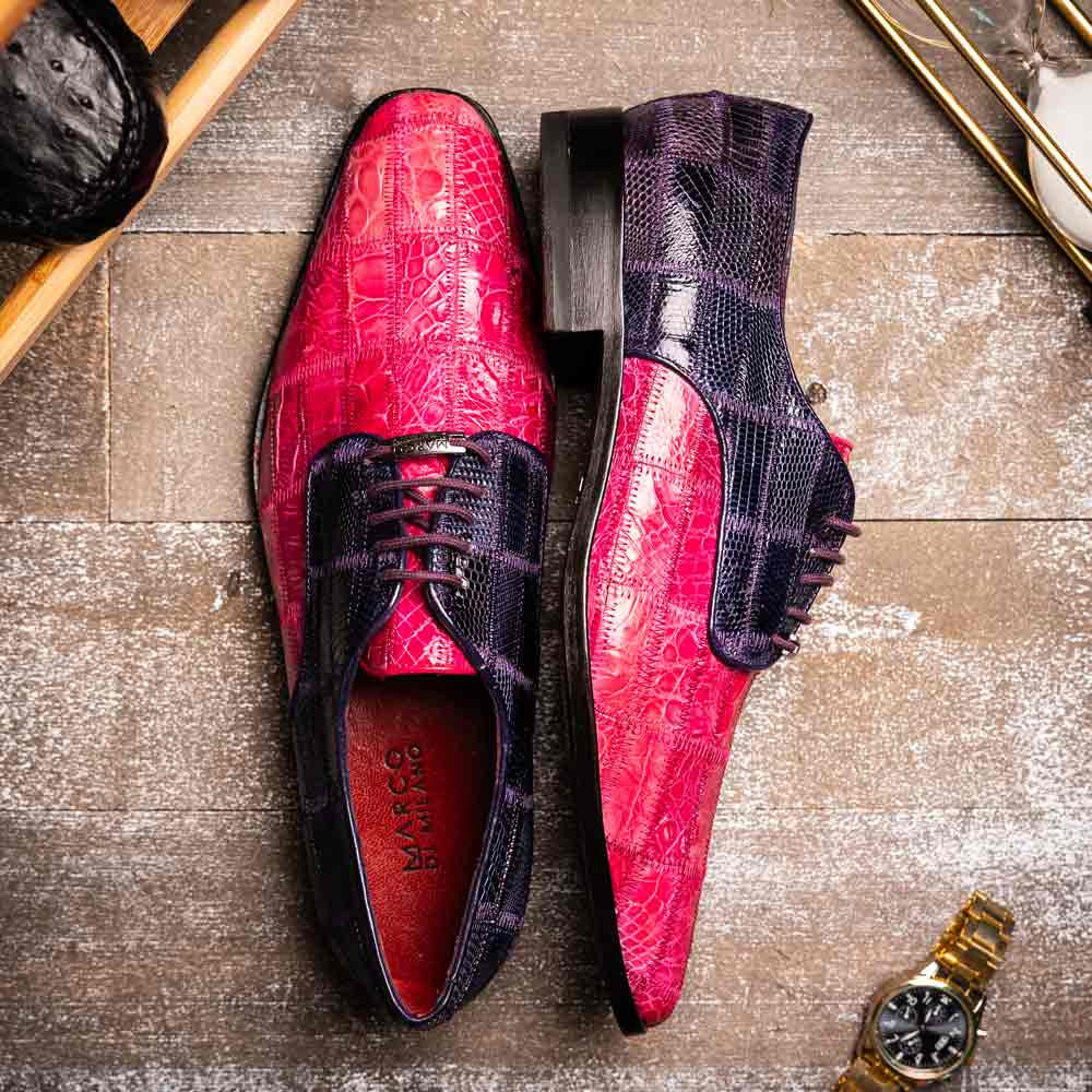 Pissa Pink/Purple Men’s Genuine Crocodile and Lizard Skin Patchwork Derby