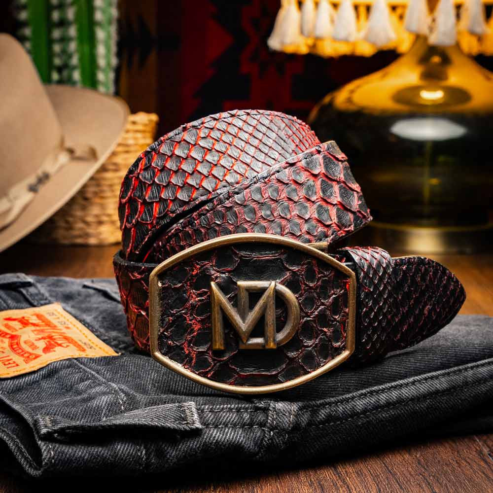 Arkansas Genuine Python Skin Western Belt in Black Cherry with Antique Western Buckle | Marco Di Milano Exotic Belt