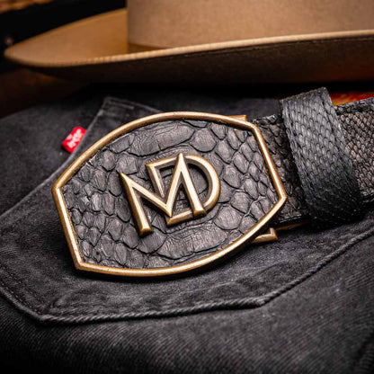 Arkansas Genuine Python Skin Western Belt in Black with Antique Western Buckle | Marco Di Milano Exotic Belt