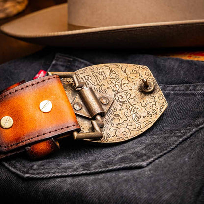 Texas Genuine Caiman Crocodile Skin Belt in Aged Brown with Antique Western Buckle | Marco Di Milano Exotic Belt