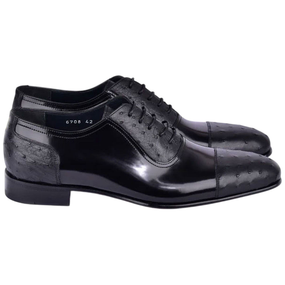 Corrente Men’s Black Ostrich Skin and Leather Cap Toe Shoe
