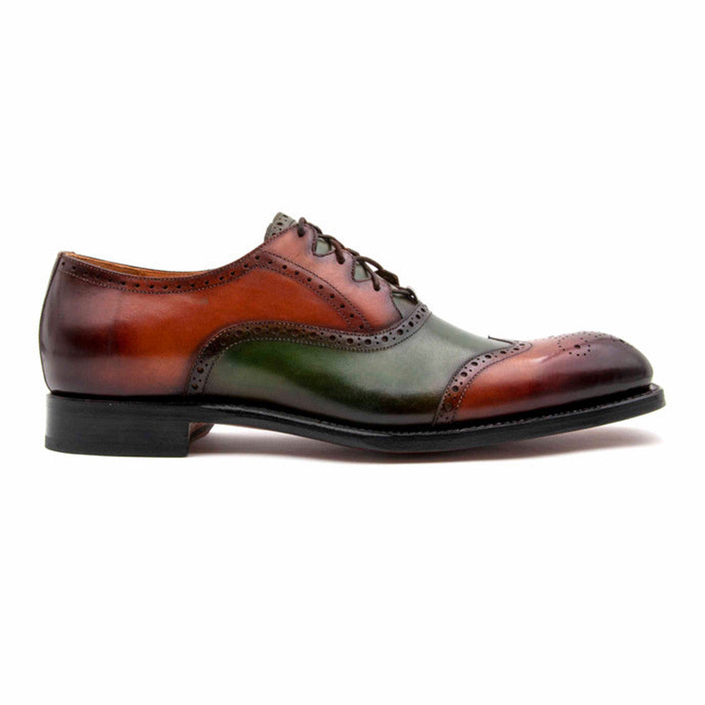 UGo Vasare Classic HandSewn Stephen Two-Toned Laceup Camel/Green Wingtip Oxford Shoes