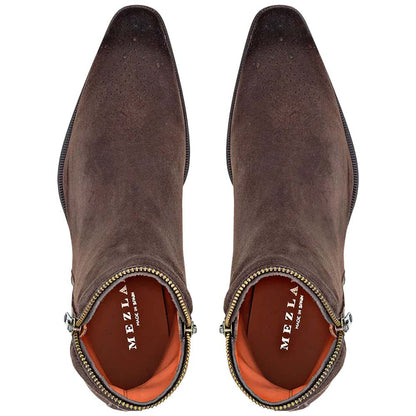 Moretti Brown Suede Medallion Toe Fashion Zipper Boot | Mezlan Dress Boots