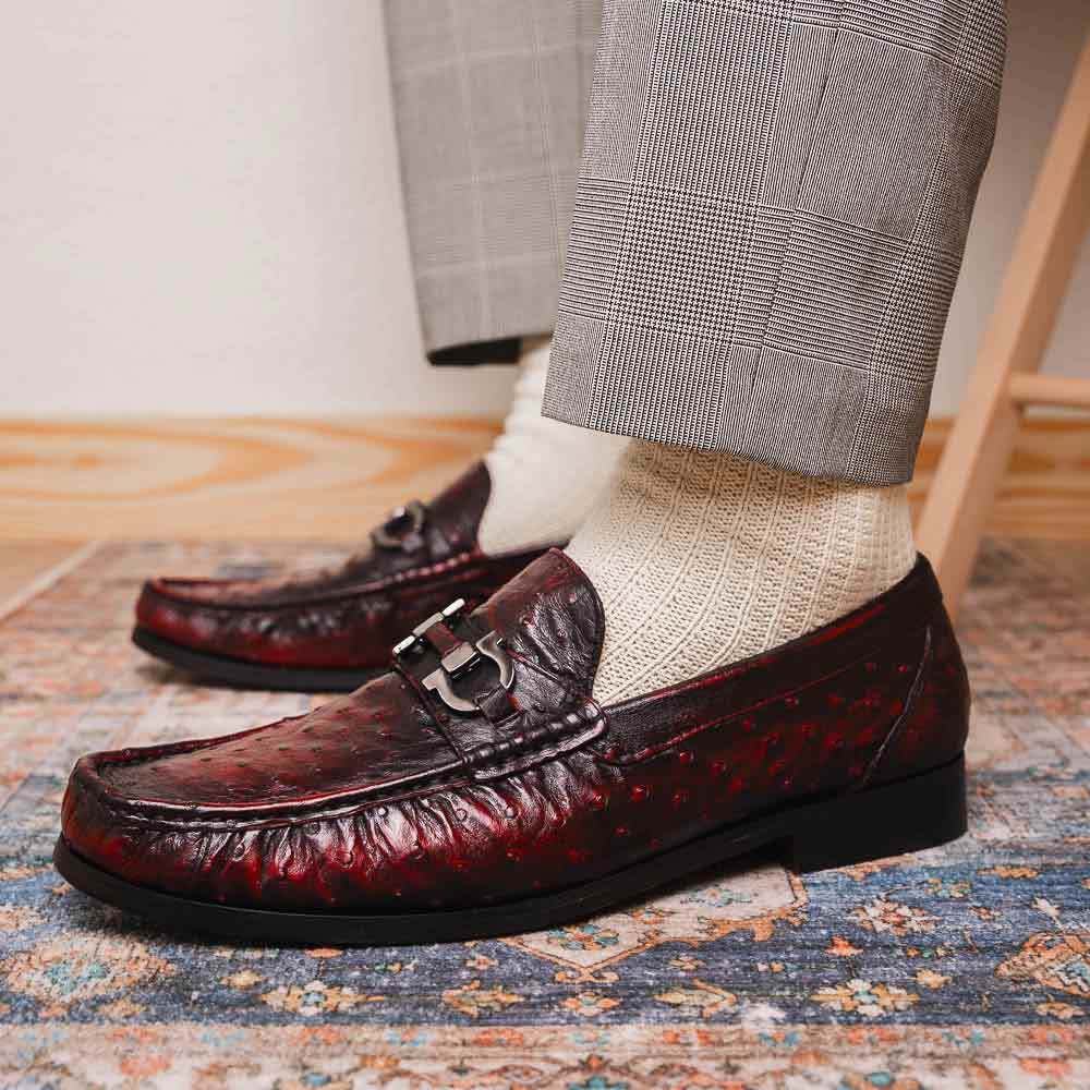 Ferrioni Black Cherry Genuine Ostrich Moc Toe Bit Loafers | MARCO DI MILANO