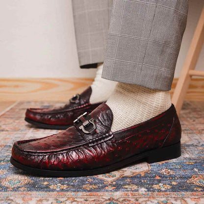 Ferrioni Black Cherry Genuine Ostrich Moc Toe Bit Loafers | MARCO DI MILANO