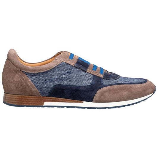 MEZLAN Men's Suede and Linen Laceless Taupe/Blue Loafer Caleta