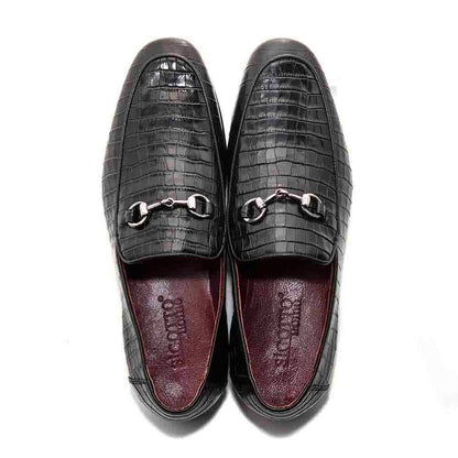 SIGOTTO UOMO Crocodile Print Black Leather Loafer