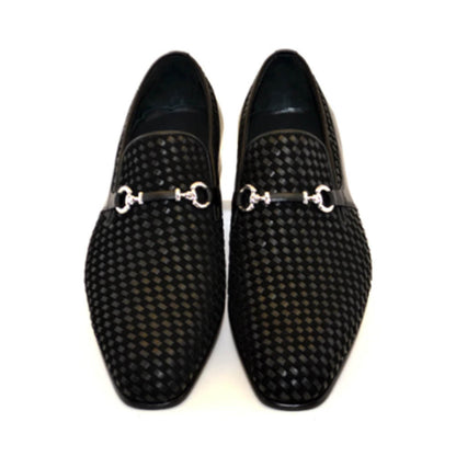 Corrente Men’s Black Handwoven Leather and Suede Slip-On