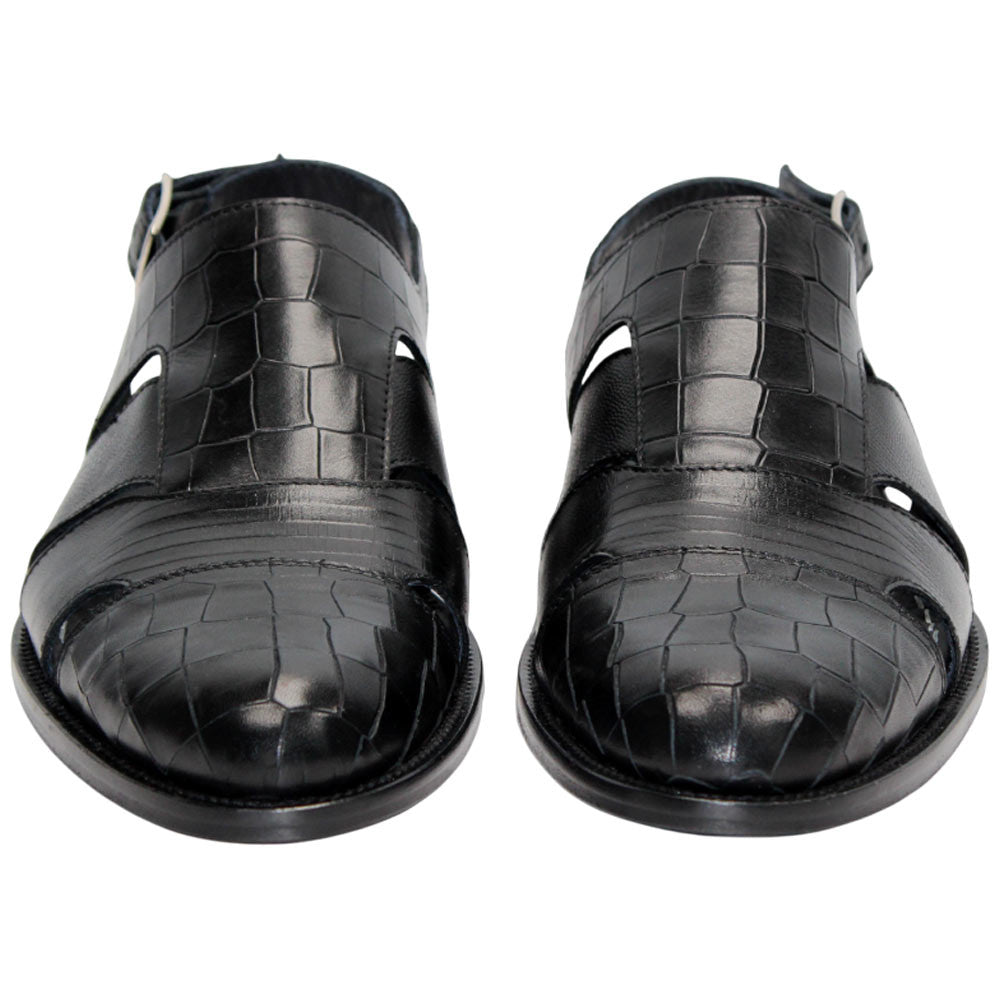 Positano Black Calfskin Crocodile Print Leather Sandal | Duca Dress Sandals