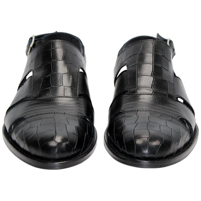 Positano Black Calfskin Crocodile Print Leather Sandal | Duca Dress Sandals