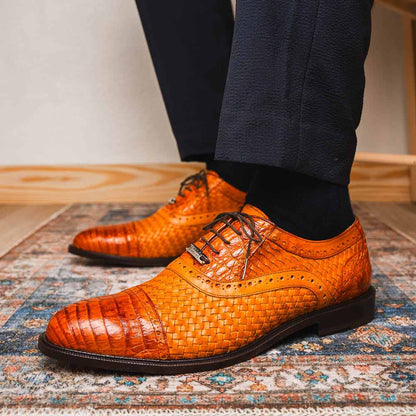 John Brandy Men’s Woven calfskin Genuine Caiman Crocodile Cap Toe Oxford | Marco Di Milano