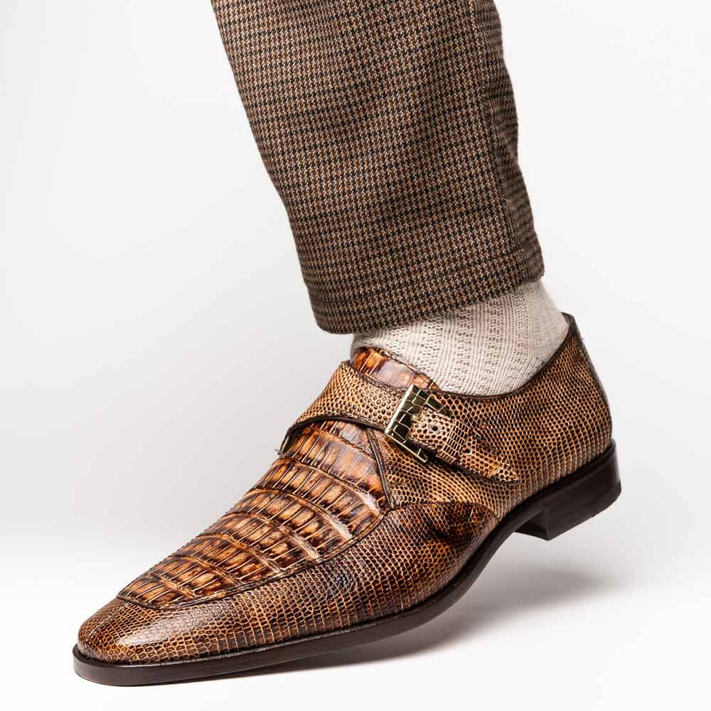 Toluca Genuine Crocodile and Lizard Skin Monk Strap | Marco Di Milano Exotic Dress Shoes in Rustic Orix