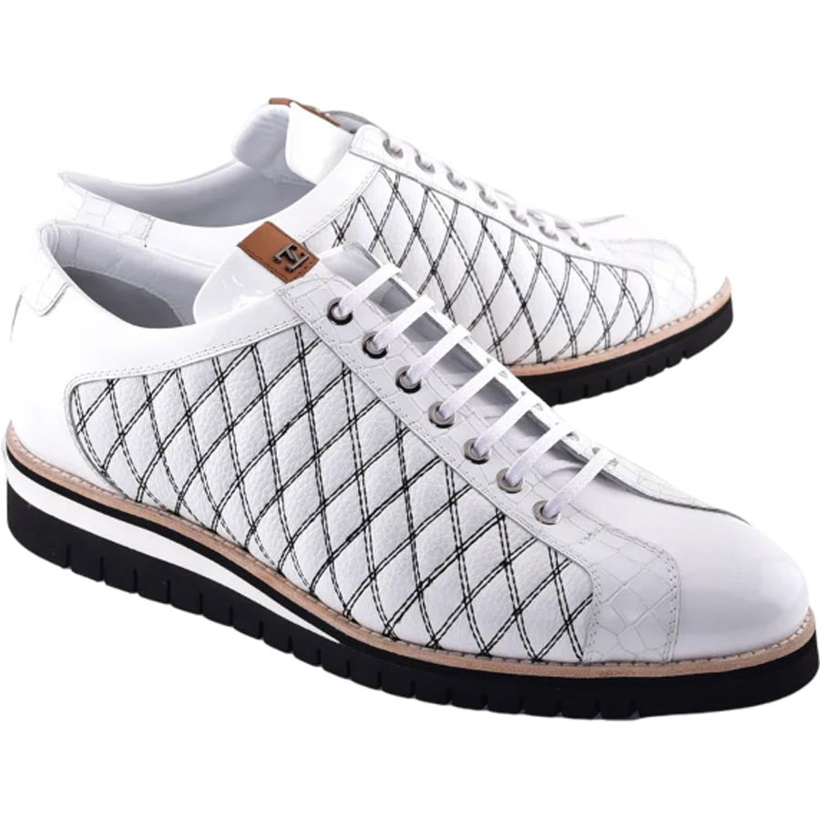 Corrente Men’s White Calfskin Round Toe Sport Sneaker with Quilted Side Design