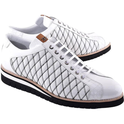 Corrente Men’s White Calfskin Round Toe Sport Sneaker with Quilted Side Design