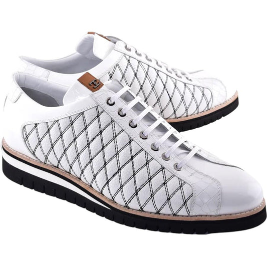 Corrente Men’s White Calfskin Round Toe Sport Sneaker with Quilted Side Design